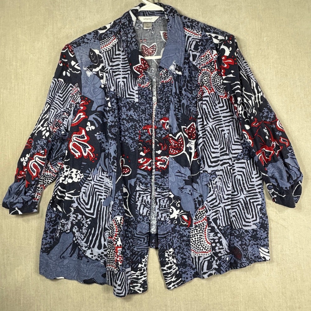 CJ‎ Banks Linen Blend Jacket Womens 3X Plus Abstract Floral Art to Wear Boho